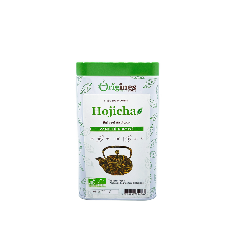 Boîte en métal de 100 g de thé vert Bio Hojicha couleur brunie
