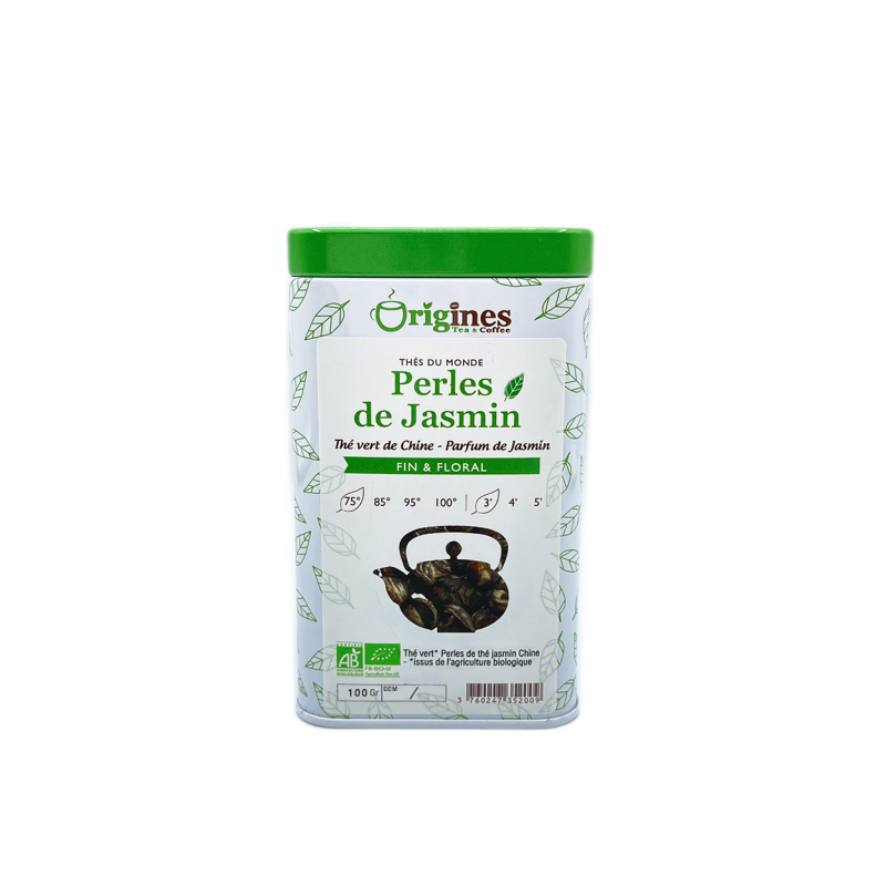 Boîte en métal de 100 g de thé vert bio Perles de Jasmin chinois goût fleuri